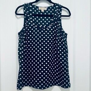 Michael Kors Navy Polka Dot Tank Top/Blouse Women's Sz. M Scoop Neck Raw Seams